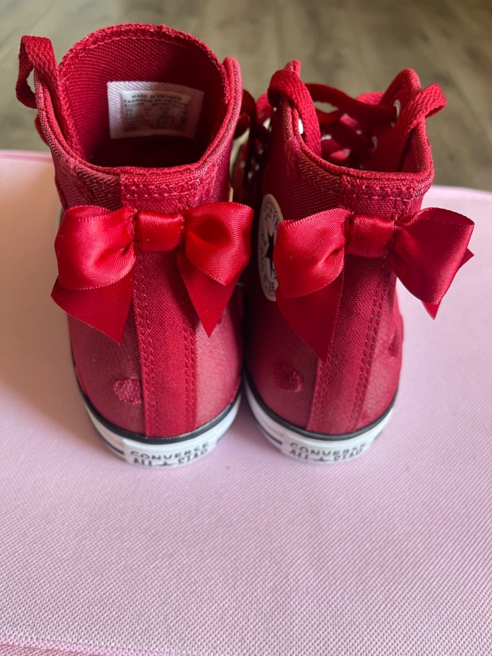 Cranberry Red Converse High tops with polka dots & bows - Picture 5 of 7